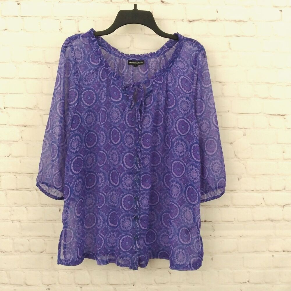 Fashion Bug Top Women 0X Purple Geometric Medallion Sheer Keyhole Neck Button Up